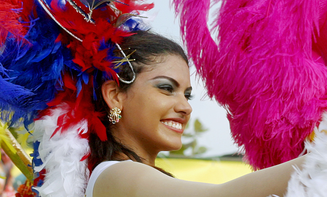 Colombian women celebrating in the streets during the Barranquilla Carnival