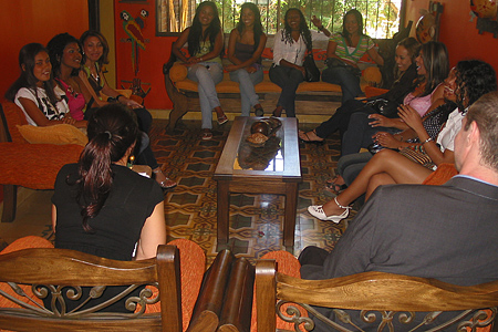 A small group of women meeting one man during a romance tour