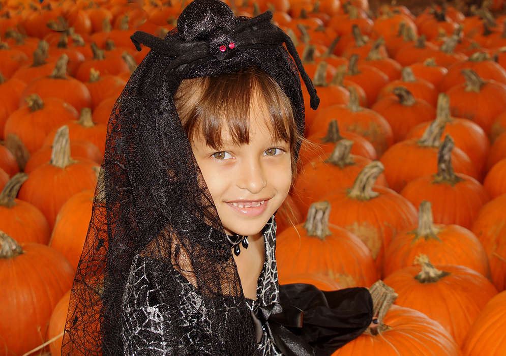 Young Colombian American girl dress in a black widow spider costume sitting in front of many orange pumpkins 