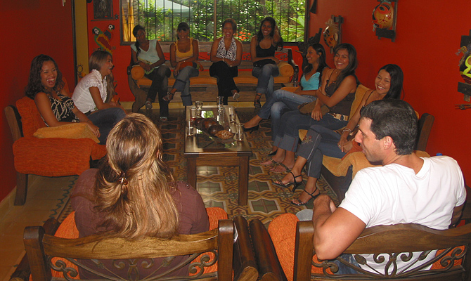 A small group of women meeting one man during a romance tour