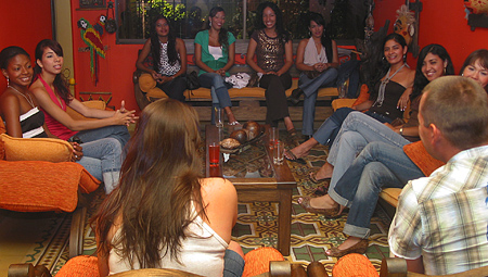 A small group of women meeting one man during a romance tour