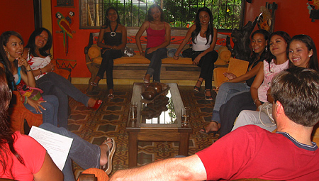 A small group of women meeting one man during a romance tour