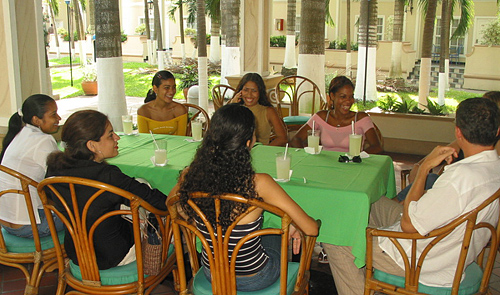 A small group of women meeting one man during a romance tour