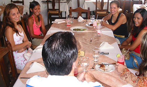 A small group of women meeting one man during a romance tour