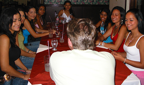 A small group of women meeting one man during a romance tour