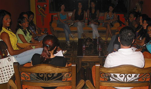 A small group of women meeting one man during a romance tour