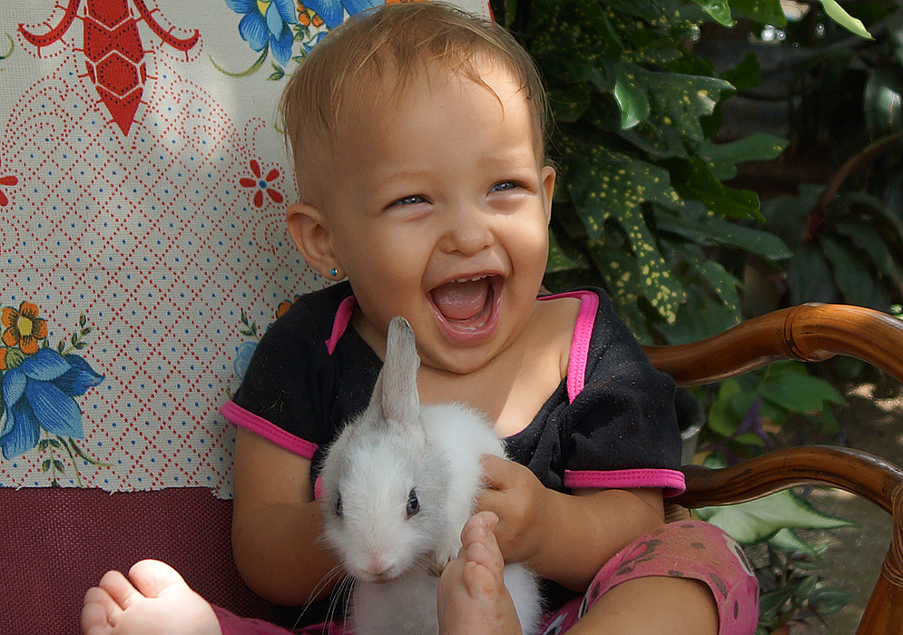 Excited American Colombian baby beauty holding on to a small white bunny rabbit