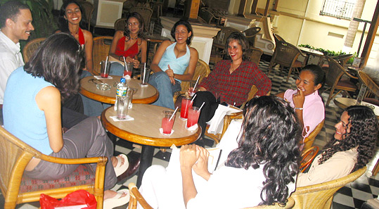 A small group of Colombian women meeting one black man during an International Introductions romance tour