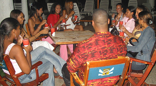 A small group of Colombian women meeting one black man during an International Introductions romance tour