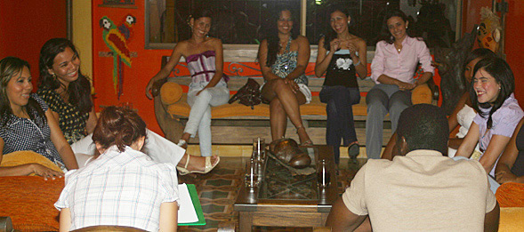 A small group of Colombian women meeting one black man during an International Introductions romance tour