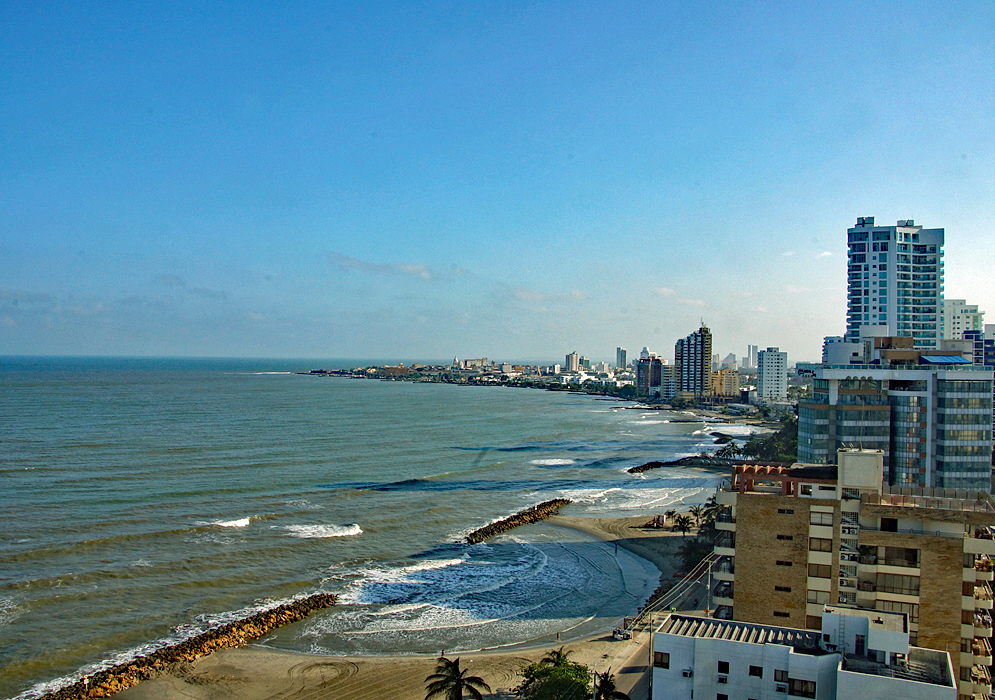 Beach, sea, condos and hotels of Bocagrande, Cartagena during sunrise