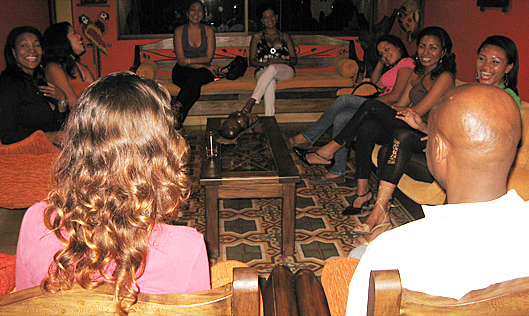 A small group of Colombian women meeting one black man during an International Introductions romance tour