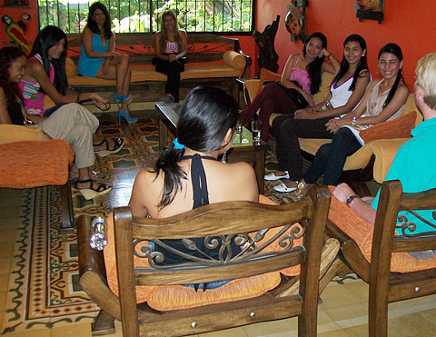 A small group of women meeting one man during a romance tour