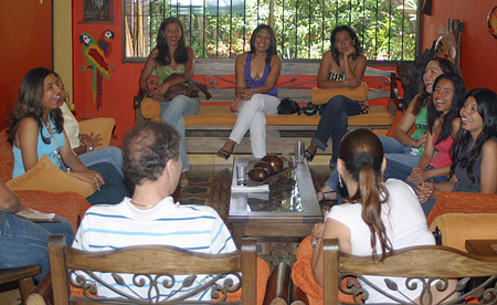 A small group of women meeting one man during a romance tour