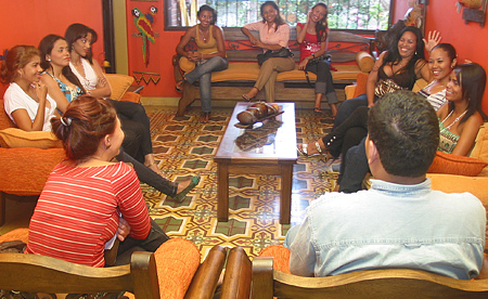 A small group of women meeting one man during a romance tour