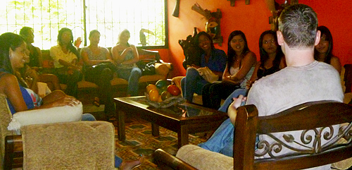 A small group of women meeting one man during a romance tour