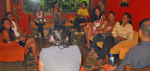 A small group of women meeting one man during a romance tour