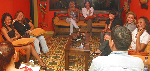 A small group of women meeting one man during a romance tour