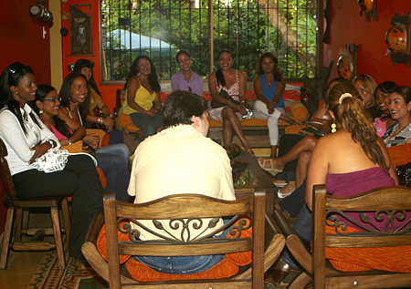 A small group of women meeting one man during a romance tour