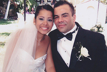 Wedding picture of a Latin woman and American man