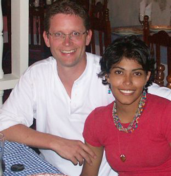 Happy American man and Colombian woman meeting for the first time