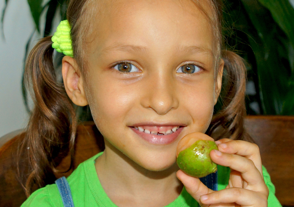 Mamón and Child A beautiful five-year old girl with a half open green and orange mamón in her hand