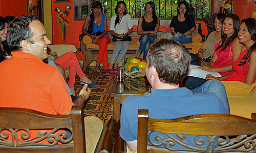 A small group of women meeting one man during a romance tour