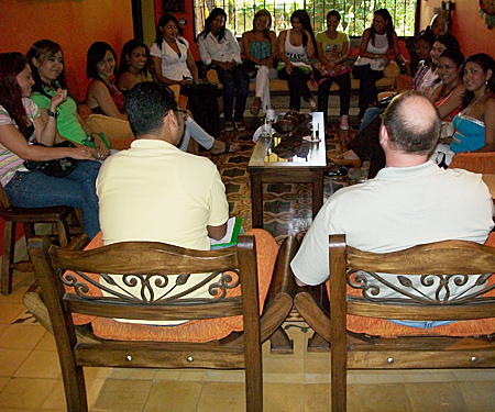 A small group of women meeting one man during a romance tour