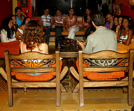 A small group of women meeting one man during a romance tour