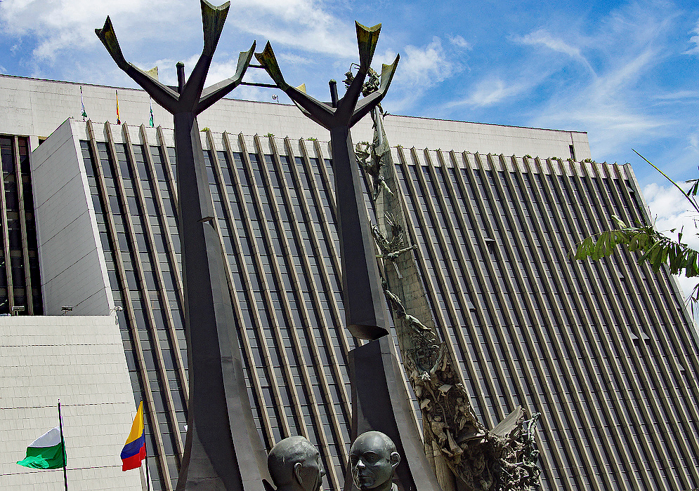 Medellin Administrative Center Statues in front of building