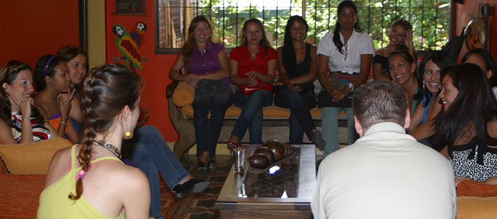 A small group of women meeting one man during a romance tour