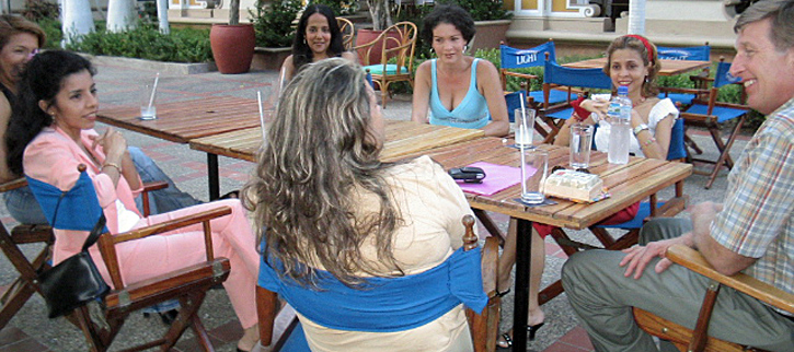 A small group of women meeting one man during a romance tour