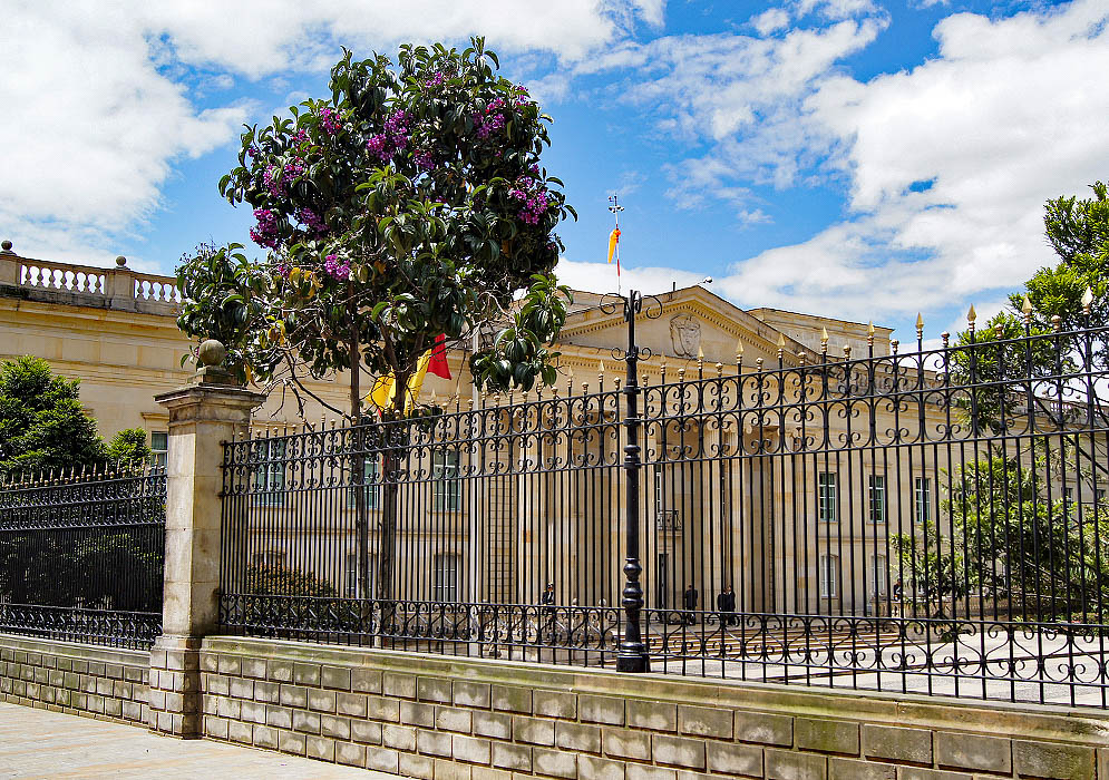 The President's Palace in Bogotá The front of the President's Palace behind a black metal fence