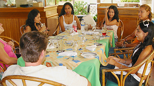 A small group of Latin women meeting one man during a romance tour