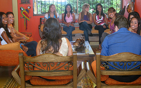 A small group of Latin women meeting one man during a romance tour