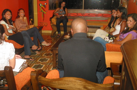 A small group of Latin women meeting one man during a romance tour