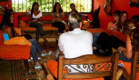 A small group of women meeting one man during a romance tour