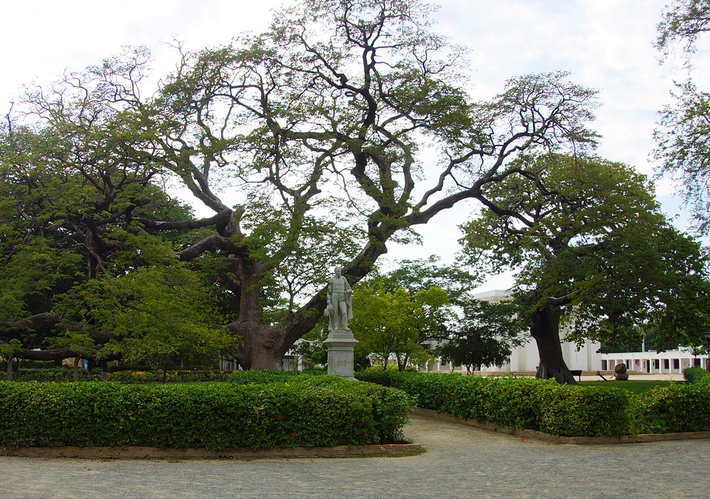A statue of Simón Bolívar with a memorial and large trees in the background