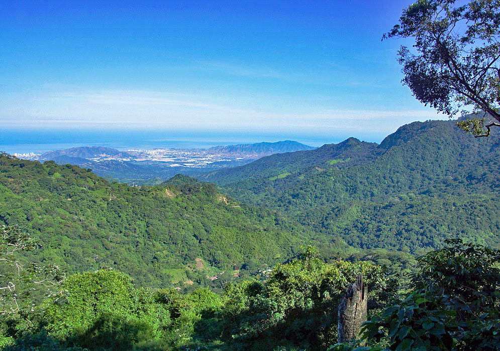 A morning vista of Santa Marta and Rodadero  with green mountains in the foreground from Victory coffee farm